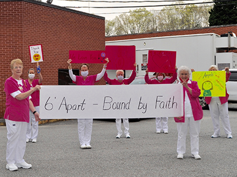 The Fannin Regional Hospital Auxiliary “pink ladies” held heartfelt and thankful signs for hospital employees to encourage them during the COVID-19 pandemic Tuesday, April 7. Among those holding signs were Janet Tishner, Barbara Cheatham, Carol Thomas, Jean Bonnewitz, Vicky Goddard, Brenda Higdon and Shirley Copeland.