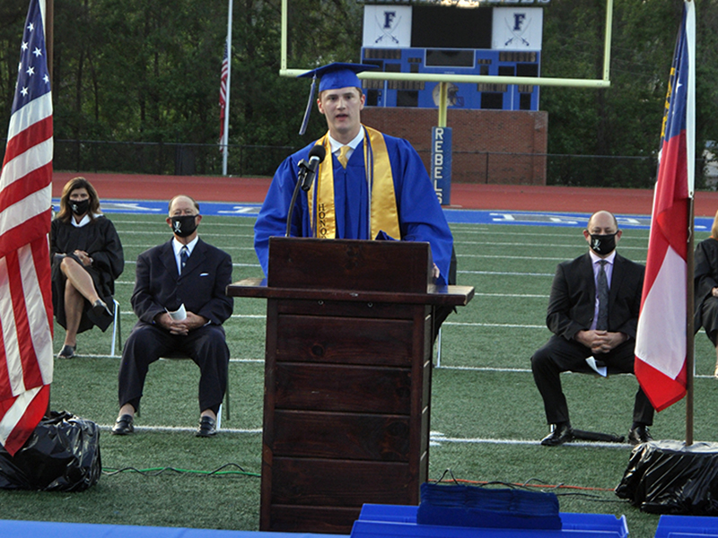 Fannin County graduate Matthew Shirah gives his Valedictory Address during Fannin County’s graduation Friday, May 22.