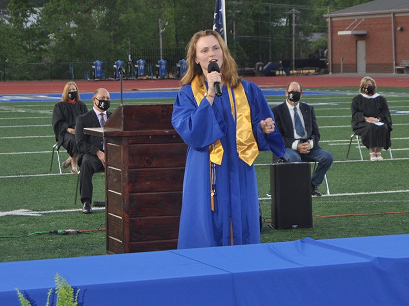 Fannin County graduate Abbey Arvidson sings “Rise Up” during the Fannin County High School 2020 graduation Friday, May 22.
