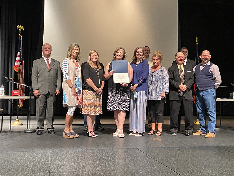 Fannin County School System Finance Director Susan Wynn received the Award of Distinction for Excellent Financial Reporting from the Georgia Department of Audits and Accounts for the fiscal year that ended June 30 of 2019. She is shown with business services team members Amy Buchanan, Pamela DeCosta, Rebecca Towe and Jill Holloway, and school board members Chad Galloway, Terry Bramlett, Lewis DeWeese, Bobby Bearden and Mike Cole.
