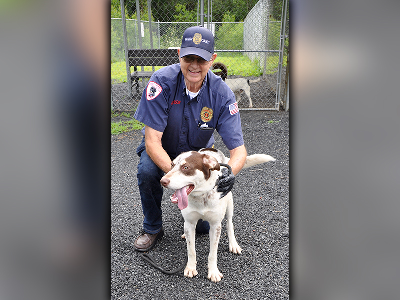 This male Pointer mix was found off Blue Ridge Drive in McCaysville June 12 and will remain at Animal Control until adopted. He has soft, white fur with brown spots. This guy has a great personality. View him using intake number 161-20. He is shown with Animal Control Officer Pat Patterson.