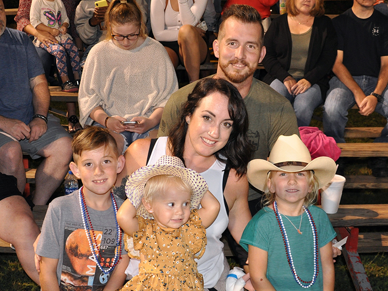 The Nelson family were among many to fill the stands of the annual Kiwanis Club of Blue Ridge and Mountain Valley Motors Rodeo. They are, from left, front, Weston, Harper, mom Amanda, Elyse and, behind, dad Adam. Three nights of the annual event attracted large crowds every night. 