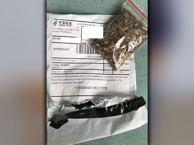 Georgia residents have notified officials of received packages from China containing unknown seeds. A package a resident has received is shown above.