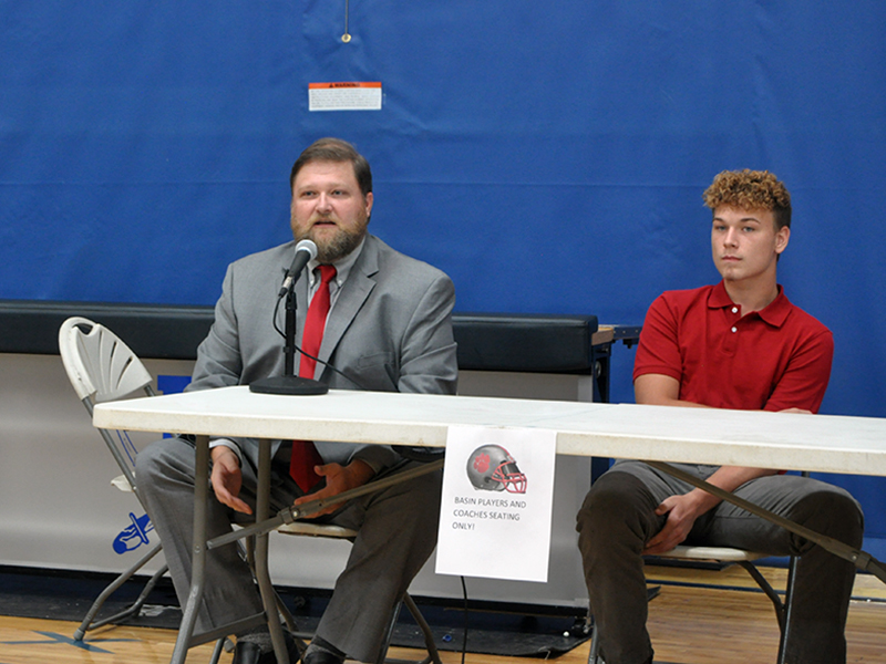 Copper Basin Offensive Coordinator Jeremy Locke answers a question during the 2020 Media Day at the Fannin County Recreation Center Friday, August 7.