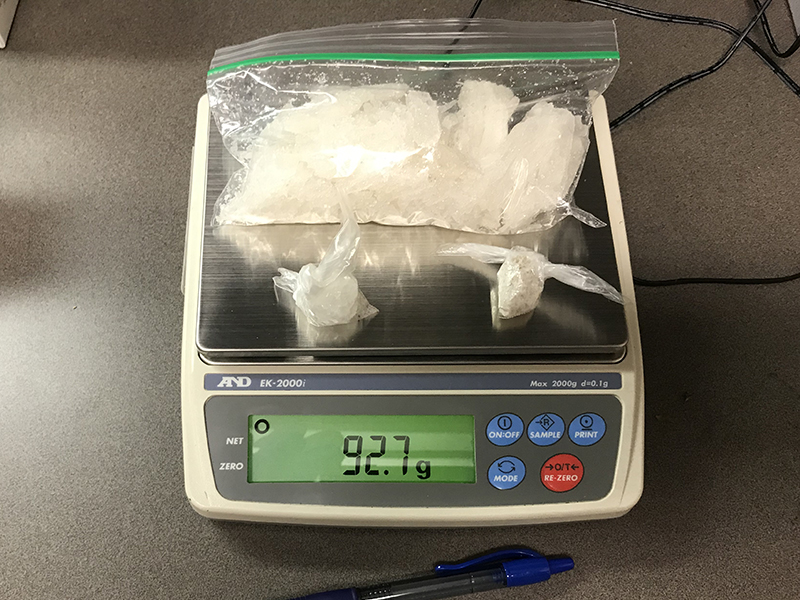 As the scale shows, 92.7 grams of methamphetamine was seized during the arrest of Shanacy Hope Burnette