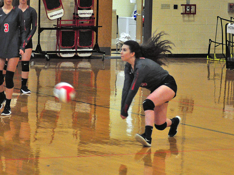 Lady Cougar Chelsea Stuart dives to keep a ball in play during Copper Basin’s game against Tyner Tuesday, August 25.