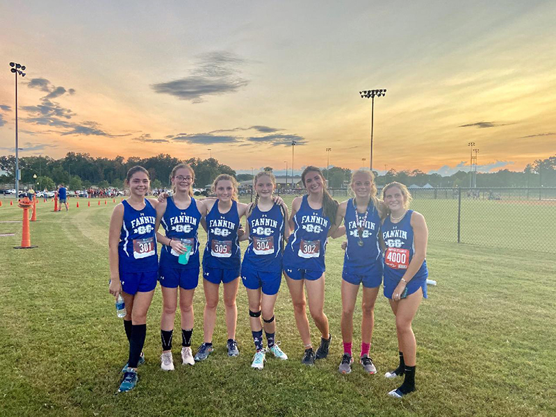 Lady Rebels cross county athletes smile for a photo after a meet in recent action for Fannin County. Shown are, from left, Kristin Cipich, Olivia Temples, Shaylee Jones, Erin Jones, Monic Cosentino, Carlee Holloway and Teagan Cioffi.