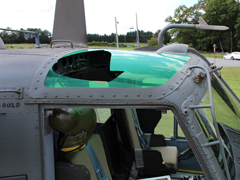 The Huey helicopter located in the Fannin County Veteran’s Memorial Park was found damaged Saturday, August 22. The damage is shown in this photo with a large hole in the greenhouse window.