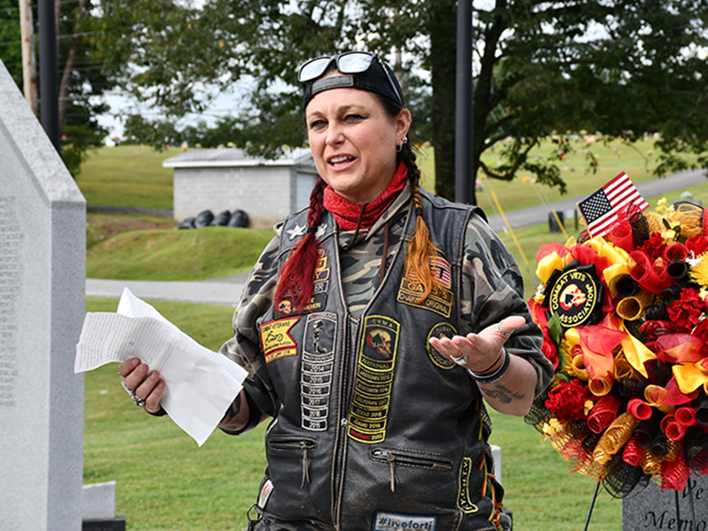 Combat Veterans Motorcycle Association North Georgia Chapter Commander Rob Denison led, Saturday, September 12, State Representative Bunny Manhart, National Sergeant at Arms Gary Lujan and Executive Officer Bubba Slater to place a wreath at the Fannin County Veterans Memorial Park in honor of those who lost their lives during the 9/11 terrorist attacks of 2001.