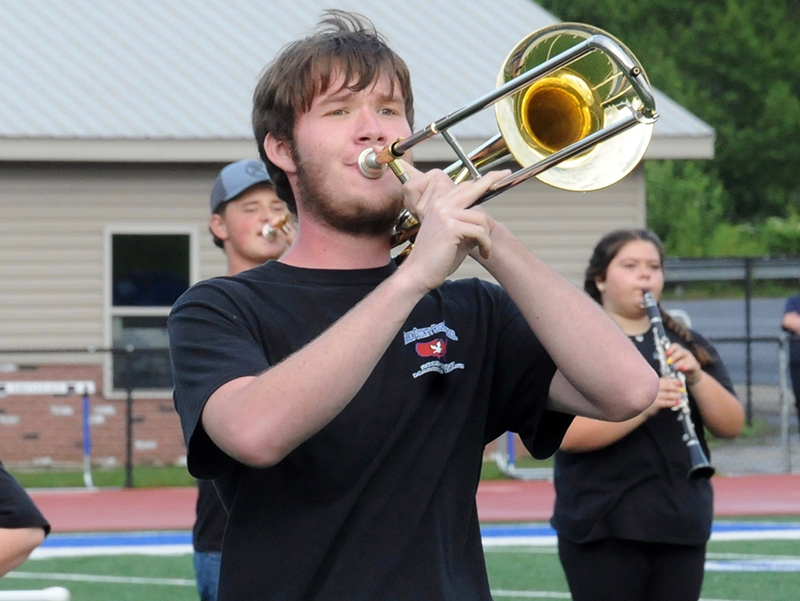 Will Watkins plays a marching tune during Fannin County High School’s first halftime performance of the year.