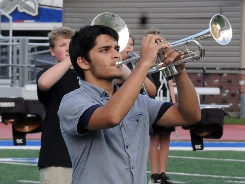 Fannin County Marching Band member Justin Tanner joins his fellow bandmates to perform during the halftime portion of the Fannin County High School football team’s Blue/Gray scrimmage Friday, August 28.