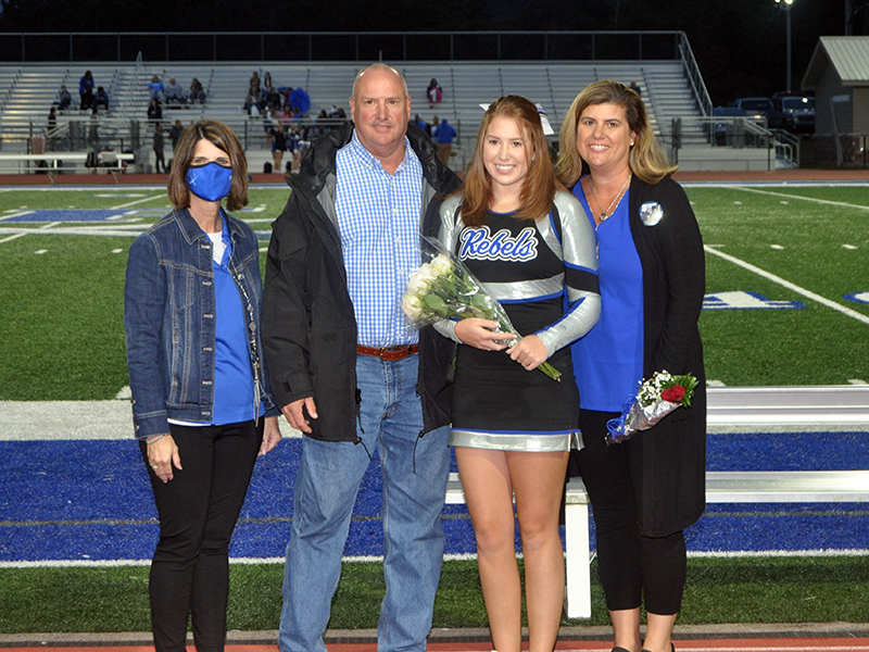 Catherine Finley was one of six cheerleading seniors that was honored at Fannin County senior night Friday, October 9. Finley is shown with her parents Philip and Heather Finley.