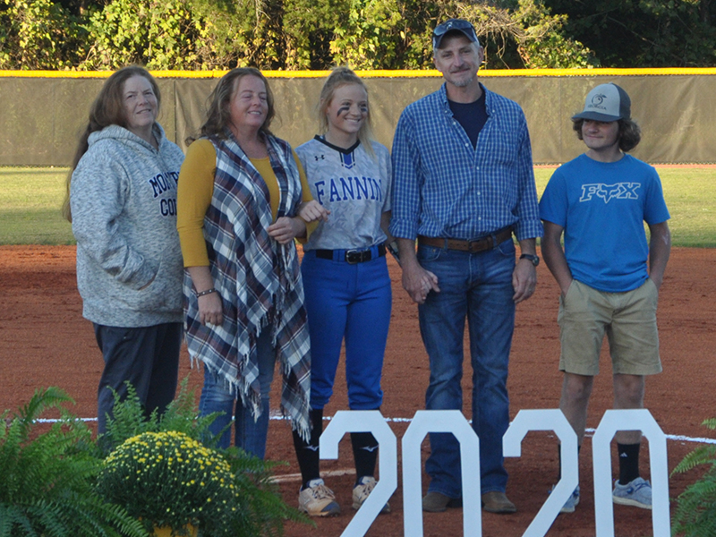 Jadeyn Holloway and her fellow Fannin County Lady Rebel  softball seniors were honored after their game Wednesday, September 30. Shown are, from left, grandmother, Annette Wilson; mother, Carrie Crawford; senior, Holloway; father, Andy Crawford; and brother, Bobo Crawford.
