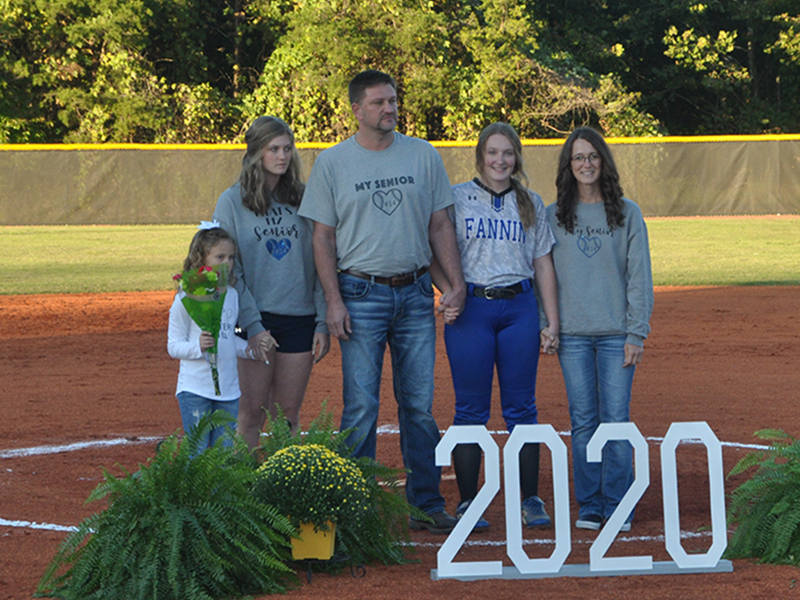 Jaylin Ray and her fellow Fannin County Lady Rebel softball seniors were honored after their game Wednesday, September 30. Shown are, from left, sister, Cammy Ray; sister, Adaelyn Ray; father, Chad Ray; senior, Ray; and mother, Jennifer Ray.