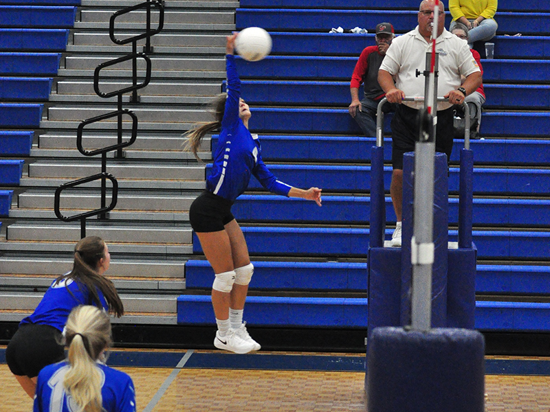Lady Rebel Becca Ledford spikes the ball in recent action for the Fannin County volleyball team.