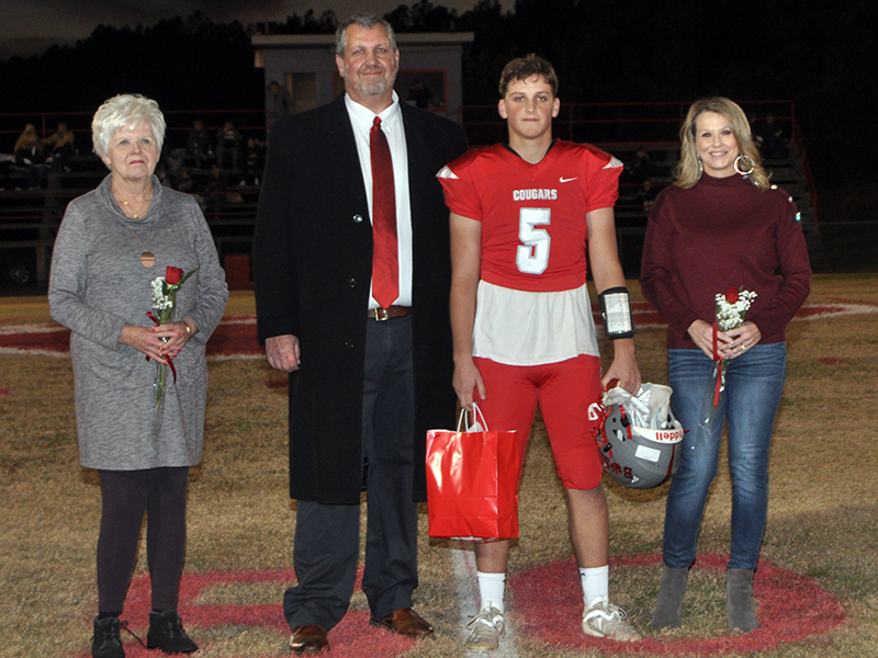 Copper Basin honored its football seniors Friday, November 6, before their last home game against Clay County. Shown are, from left, Kay Jabaley, grandmother; Tim Jabaley, father; Timothy Jabaley, senior; and Eden Coe Jabaley, mother.