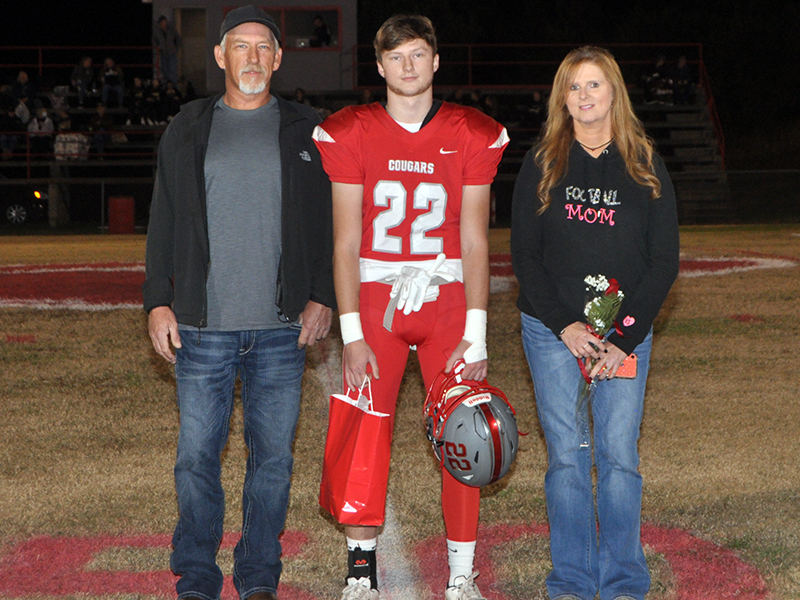 Copper Basin honored its football seniors Friday, November 6, before their last home game against Clay County. Senior Eli Patterson is shown with his parents Edwin and Kimberly Patterson.