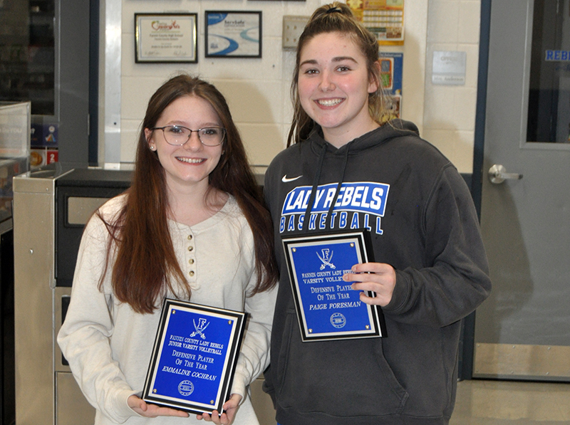 Emmaline Cochran, left, won the Defensive Player of The Year Award for junior varsity, while Paige Foresman won the Defensive Player of The Year Award during the Lady Rebels end of the season volleyball banquet Tuesday, November 10.