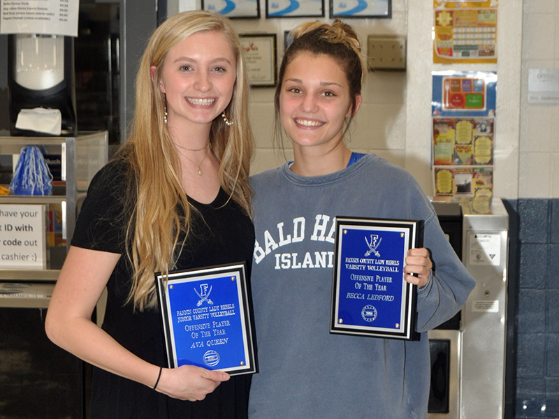 Junior Varsity Lady Rebel Ava Queen, left, and Varsity Lady Rebel Becca Ledford won the Offensive Player of The Year Award at Fannin County’s end of season volleyball banquet Tuesday, November 10. 