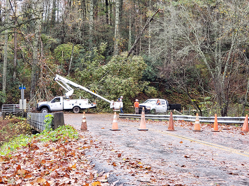 Tri State EMC, along with others, worked to restore power and unblock roads after inclement weather Thursday, October 29. Here, a large tree is shown blocking the road way, causing travelers to either wait or take a detour on Highway 2 in Epworth.
