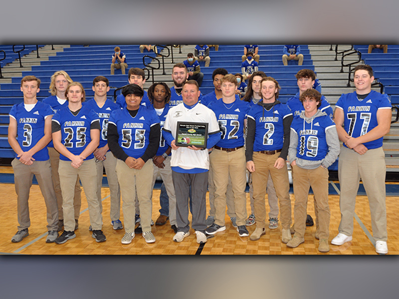 The Fannin County Rebel football team was recognized for the Georgia High School Football Daily’s (GHSFD) State Team of the Week Award Wednesday, December 9. Seniors gathered with Rebel Head Coach Chad Cheatham to celebrate the recognition. Shown, from left, front, McCay Turner, James Mercer, Christian Resendiz, coach Cheatham, Micah O’Neal, Jake Sands and Caleb Postell; back row,  Dalton Ross, Brayden Foster, Tommy Ledford, Andre Bivens, Mason Bundy, Jalen Ingram, Luke Holloway, junior Seth Reece and Chris