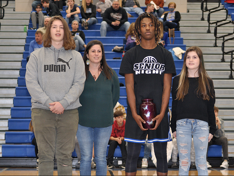 Fannin County High School senior Andre Bivens was one of 15 seniors honored at the senior night ceremony Friday, January 15. Shown during the ceremony are, from left, Chaz Padrutt, Joci Padruttm, senior Andre Bivens honoring his mother Sandra Williams, and Danica Padrutt.