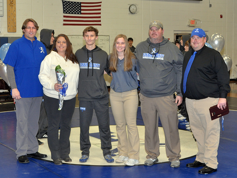 Senior wrestler McCay Turner and senior athletic trainer Lyndsay Turner were both honored Friday, January 15, at Fannin County High School’s wrestling senior night. Shown during the ceremony are, from left, Coach Alan Collis, mother Lynn Turner, McCay Turner, Lyndsay Turner, father, Adam Turner, and Coach Chuck Patterson.