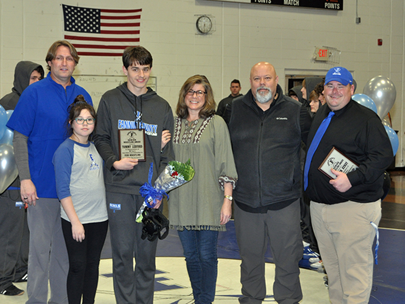 FCHS senior Tommy Ledford was honored during Fannin’s senior night for the wrestling team Friday, January 15. Shown during the ceremony are, from left, Coach Alan Collis, sister, Tatum Ledford, Ledford, mother, Trish Ledford, father, Keith Ledford, and Coach Chuck Patterson.