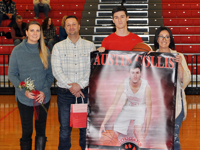 Austin Collis was one of 11 basketball and cheerleading seniors honored at Copper Basin’s senior night ceremony Saturday, February 6. Shown during the ceremony are, from left, stepmother, Laura Collis; father, Jason Collis; senior, Collis; and mother Kristin Kincaid.