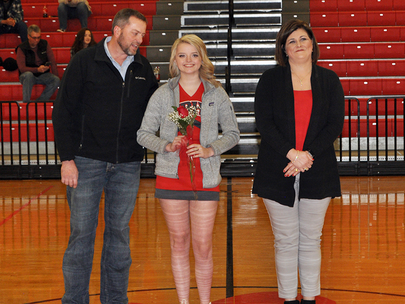 Haley Harper was honored along with 10 other basketball and cheerleading seniors at Copper Basin’s senior night ceremony Saturday, February 6. Harper is shown with her parents, Chris and Brandy Harper.