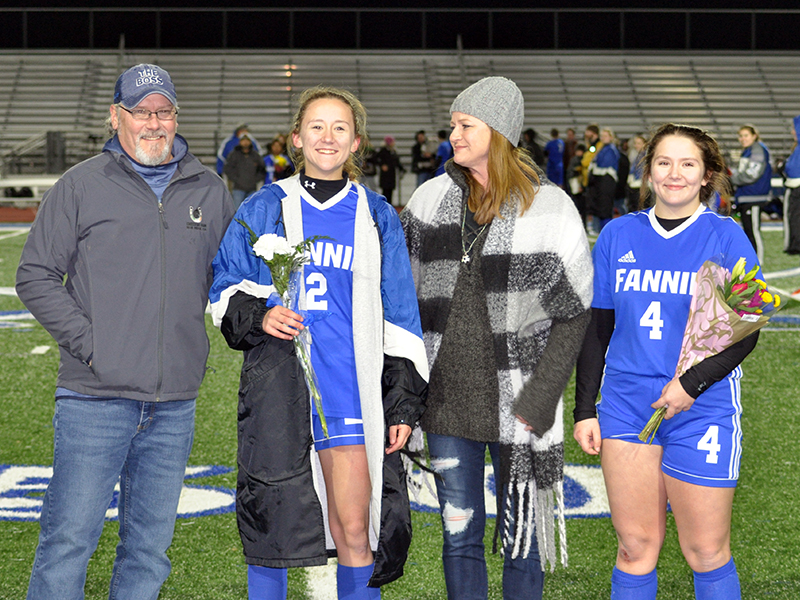 Fannin County High School senior Ashley Frye was honored during the senior night ceremony at Fannin’s home soccer game against Gordon Central Friday, February 19. Shown during the ceremony are, from left, Doug Frye, mother; Ashley Frye, senior; Sandy Parks, mother; and Chelsey Frye, sister.