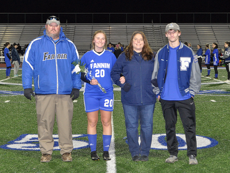 Lyndsay Turner was honored during Fannin County High School’s soccer senior night at thier home game against Gordon Central Friday, February 19. Shown during the ceremony are, from left, Adam Turner, father; Lyndsay Turner, senior; Lynn Turner, mother; and McCay Turner, brother.