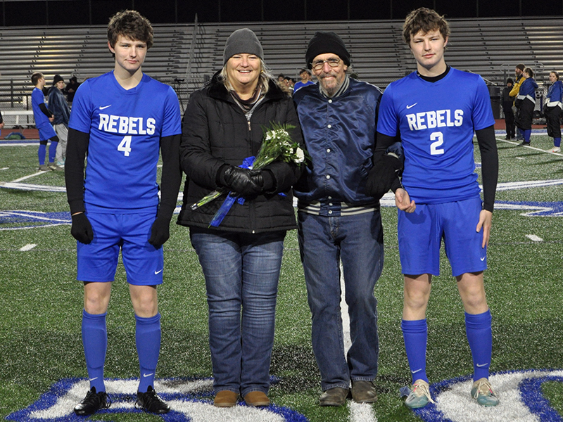 Samuel and Michael Dillard were two of 14 seniors honored during Fannin’s home soccer game against Gordon Central Friday, February 19. Shown during the ceremony are, from left, Samuel Dillard, senior; Janet Dillard, mother; Michael Dillard, father; and Michael Dillard, senior.