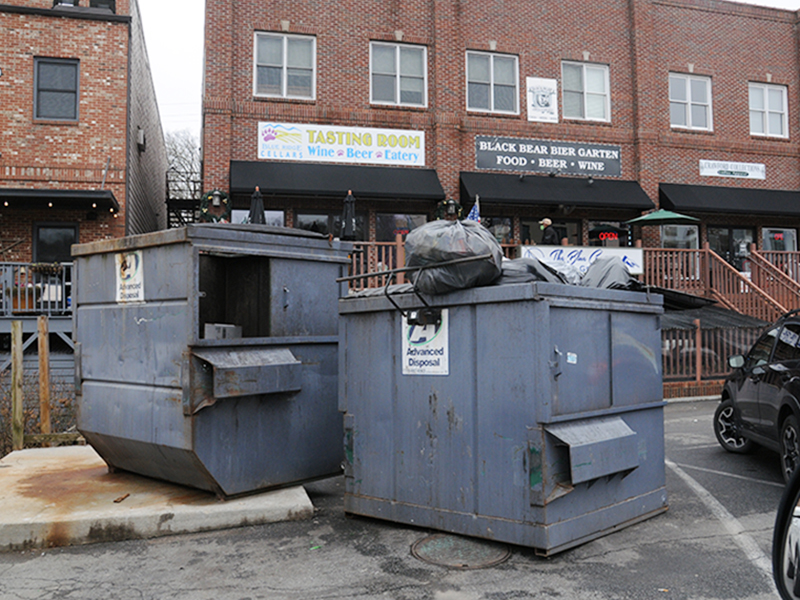A 13x13 parcel at the beginning of Robert’s Way in Blue Ridge currently houses these dumpsters, one of which was over flowing with garbage Sunday afternoon, January 31. The parcel is being placed for lease by the City of Blue Ridge after council members agreed the situation needs to be cleaned up.