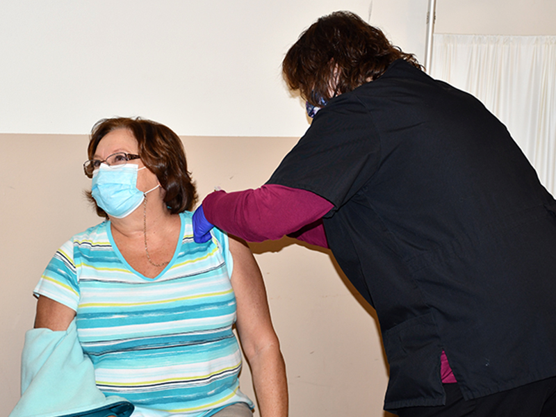 April Dobbs traveled to the Kiwanis Club of Blue Ridge Fairgrounds to receive a COVID-19 vaccination from the Fannin County Health Department Monday, February 8. The vaccine was administered by Debra Shade.
