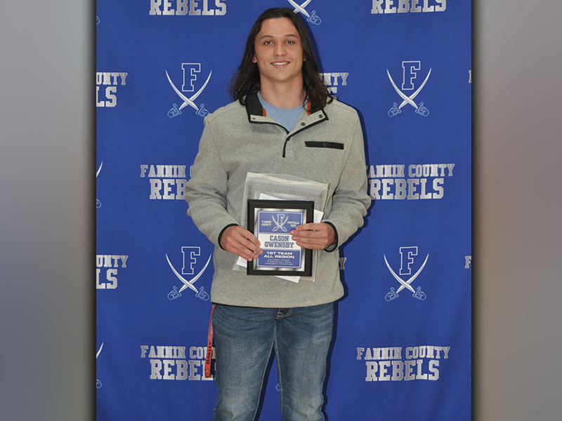 Cason Owensby was recognized during the Rebels’ football banquet Tuesday, March 16, for making Region 7AA First Team Defense. Owensby, a junior, had an impressive season and was voted a captain of the defense for his upcoming senior season.