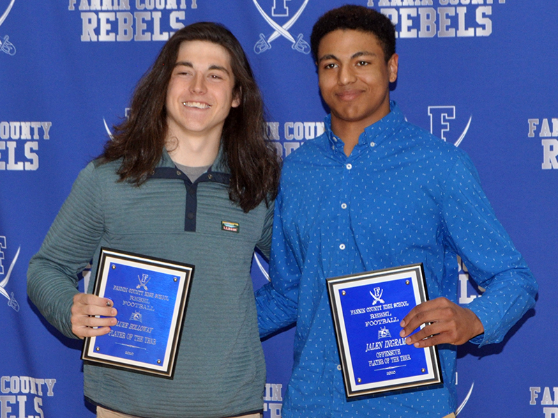 The Fannin County Rebels’ football team celebrated a historic season Tuesday, March 16, at their post-season banquet. Award winners shown are, Player of the Year Luke Holloway, left, and Offensive Player of the Year Jalen Ingram.