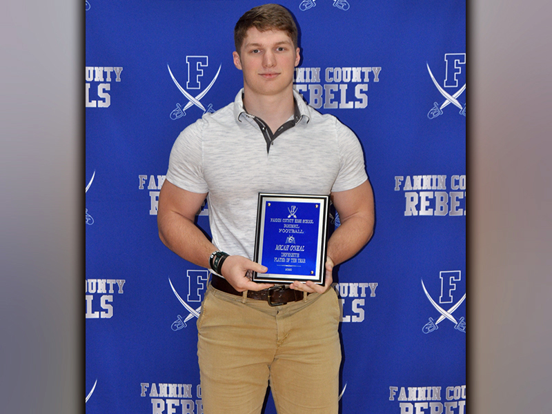Fannin County senior Micah O’Neal was awarded Defensive Player of the Year at the Rebels football banquet Tuesday, March 16. O’Neal was also named Region 7AA Defensive Player of the Year.