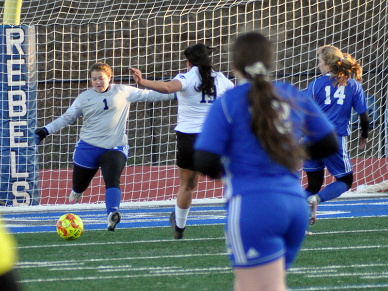 Lady Rebel goalkeeper Rachael Jessen kicks the ball away from the goal in recent action for the Lady Rebels’ soccer team.