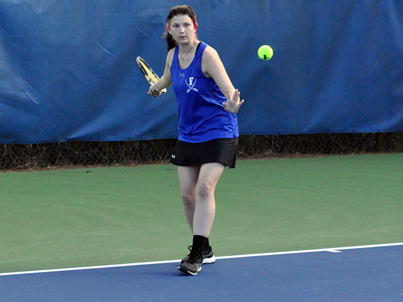 Lady Rebel Kati Kraft focuses on the next hit in recent action for Fannin County’s tennis match.