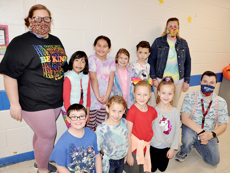 Blue Ridge Elementary School students and staff sported colorful outfits for Dr. Seuss week Wednesday, March 3. Shown are, from left, front, Nate Fair, Madeline Tanner, Addi Jo Davis, Alexandria Evans and paraprofessional Tyler Messer; and back, special education teacher Hannah Davis, Richya Landep, Camila Patino, Adaley Vineyard, Camden Shook and paraprofessional Jill Pierce.