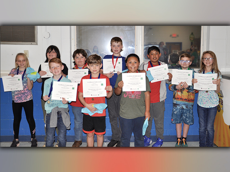 East Fannin Elementary School fourth grade students racked up the wins during the county’s first-ever 4-H Project Achievement Awards. Winners shown are, from left, front, Brody Golden, Adam King, Tatiana Abrams-Castro; back, Jacquelyn Cline, Payton Walker, Jake Ware, Aric Carder, Aaron Agustin, Christian Highley and Danica Nicholson.