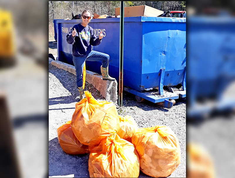 Fannin County Adopt-A-Road Program participant Robin Fry and her husband, Larry, picked up five bags of garbage on Windy Ridge Road and Industrial Park Road last week. 