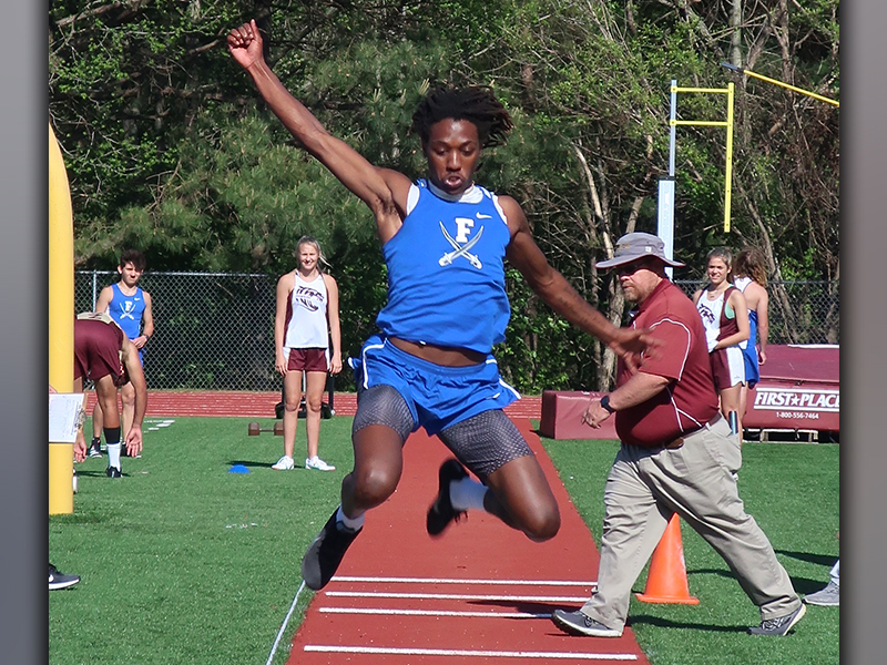 Andre Bivens competes in the Long Jump event in recent action for the Fannin County Track and Field team. Bivens took home first place in the Triple and Long Jump events.
