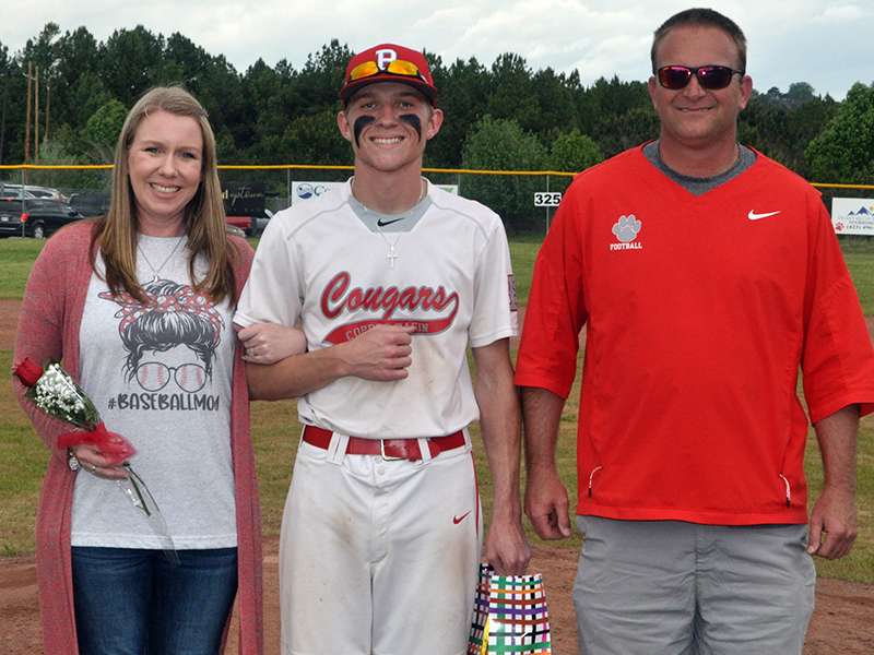 Bryson Grabowski was one of eight Copper Basin baseball seniors honored before the Cougars' game against Tellico Plains Thursday, April 29. Grabowski is shown with his parents, Chad and Amber Grabowski.