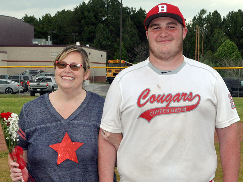 Copper Basin honored eight seniors on the last home game of the season Thursday, April 29, against Tellico Plains. Senior Chance Rollins was one of the eight seniors honored and is shown with his mother, Amanda Rollins.