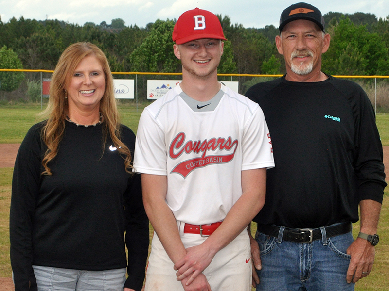 Eli Patterson was honored at Copper Basin’s senior night ceremony against Tellico Plains Thursday, April 29. Patterson is shown with his parents Edwin and Kim Patterson.