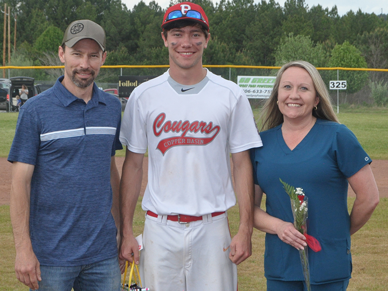 Dawson Worthy was recognized during Copper Basin’s senior night ceremony before the Cougars' game against Tellico Plains Thursday, April 29. Worthy is shown with his parents, Tim and Alisha Worthy.