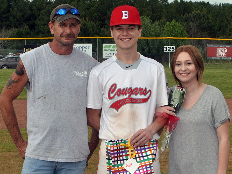 Timothy Fair was honored Thursday, April 29, at Copper Basin’s senior night ceremony before their game with Tellico Plains. Fair is shown with Scott Fair and Paige Remlinger.