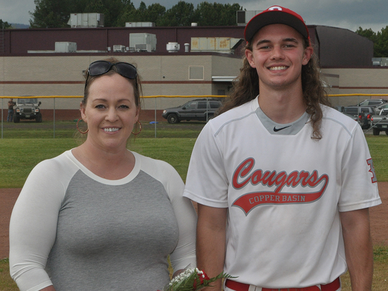 The Copper Basin Cougars honored eight seniors before their game against Tellico Plains Thursday, April 29. Radford Cheek was one of the eight honored and is shown with his mother, Veronica Cheek.
